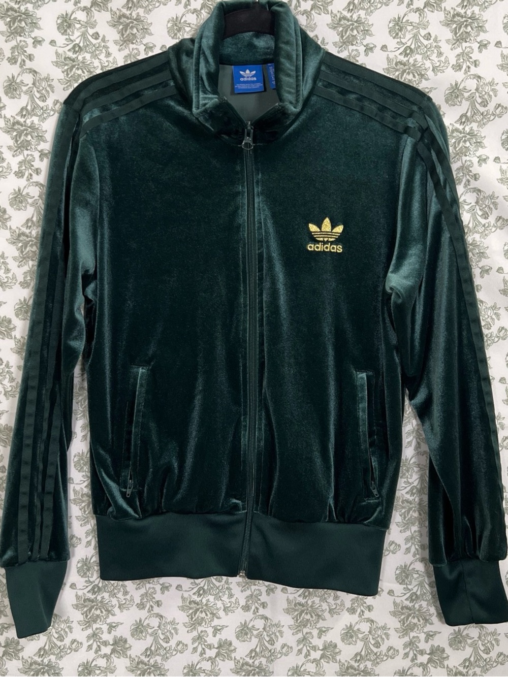 Adidas Originals Green Velour Track Jacket Embossed Trefoil Size S.